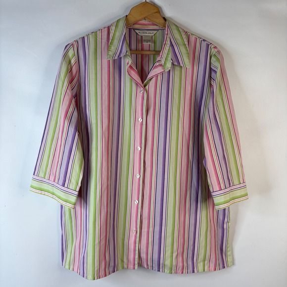 Allison Daley Tops - Allison Daley Button Down Shirt Women 18 Pink Purple Green Striped 3/4 Sleeve